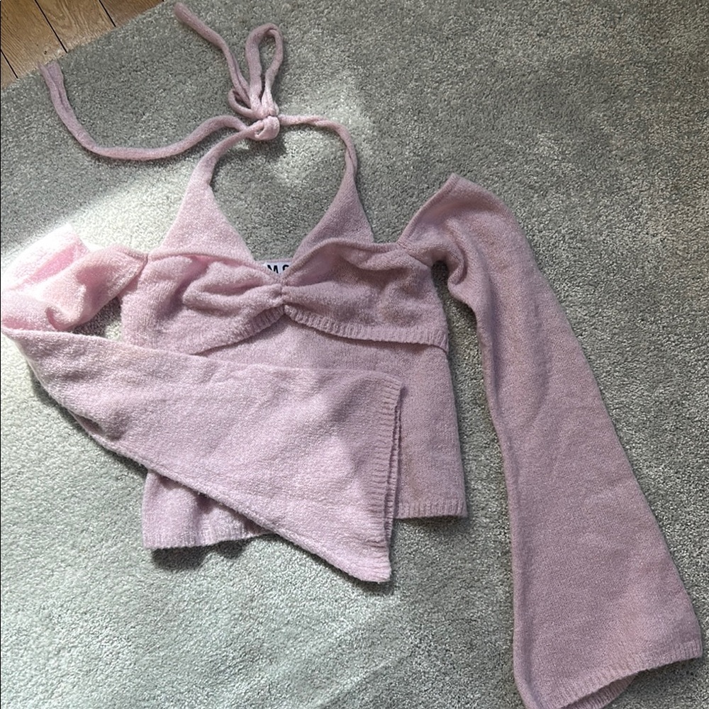 I.AM.GIA Baby Pink Knit Halter Top with Flared Sleeves